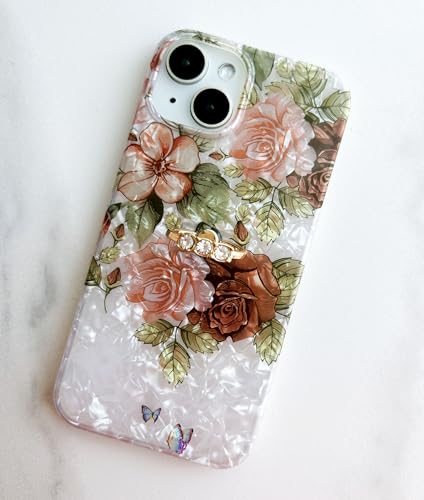Qokey for iPhone 13/14 Case 6.1 inch,Flower Design Cute Clear for Women Girls with 360 Degree Rotating Ring Kickstand Soft TPU Shockproof Cover Brown Floral - color: Brown