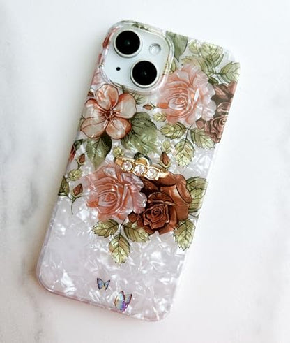 Qokey for iPhone 13/14 Case 6.1 inch,Flower Design Cute Clear for Women Girls with 360 Degree Rotating Ring Kickstand Soft TPU Shockproof Cover Brown Floral - color: Brown