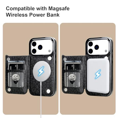 HAOPINSH Wallet Case for iPhone 17 Pro, Compatible with MagSafe Wireless Charging, Black Leopard Cheetah Pattern Back Flip Folio Leather Kickstand Card Slots Case Double Magnetic Clasp Cover 6.3" - color: Black Leopard for MagSafe