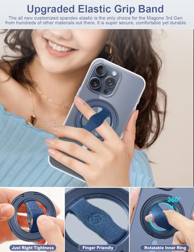 EWA MagOne 3rd Gen [Compatible with MagSafe] Phone Grip Stand with Finger Strap, Removable Magnetic Ring Holder Kickstand Loop for iPhone 17,16,15,14,13,12 Series-(Blue) - color: Blue