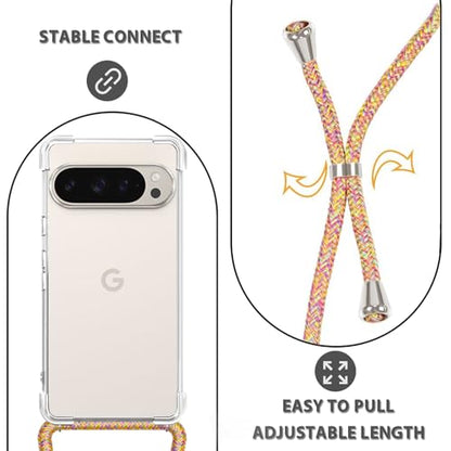 for Google Pixel 9 Pro Lanyard Case Clear Adjustable Neck Shoulder Crossbody Strap Mobile Cover Transparent Durable Soft Cover Women Shockproof Protective Phone Case for Pixel 9 Pro - Rainbow - size: for Google Pixel 9 Pro