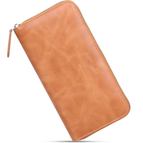 VISOUL Leather Long Zipper Pouch Wallet for Men and Women with RFID Blocking, Large Clutch Cash Long Wallet with Zipper (Tan) - color: Tan