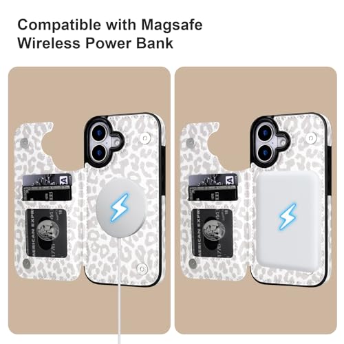 HAOPINSH Wallet Case for iPhone 17, Compatible with MagSafe Wireless Charging, White Leopard Cheetah Pattern Back Flip Folio Leather Kickstand Card Slots Case Double Magnetic Clasp Cover 6.3" - color: White Leopard for MagSafe