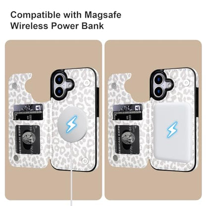 HAOPINSH Wallet Case for iPhone 17, Compatible with MagSafe Wireless Charging, White Leopard Cheetah Pattern Back Flip Folio Leather Kickstand Card Slots Case Double Magnetic Clasp Cover 6.3" - color: White Leopard for MagSafe