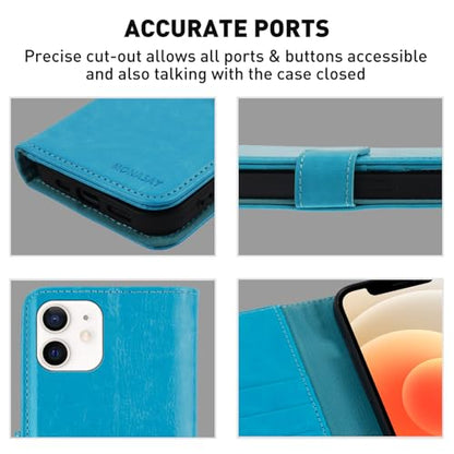 MONASAY Wallet Case Compatible for iPhone 12 mini 5G 5.4-inch,[Glass Screen Protector Included] [RFID Blocking] Flip Folio Leather Cell Phone Cover with Credit Card Holder, Light Blue | 5.4" fits 12 mini | Glass protector incl | Holds 3 cards | RFID block