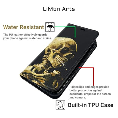 Cute Art Leather Case for iPhone 16 Pro (6.3") Wallet Cover | Magnetic Closure Flip Folio Cover, with Card Slot and Kickstand, Halloween Black Cool Stylish Van Gogh Head of a Skull - color: Van Gogh-Head of a Skull, size: iPhone 16 Pro (6.3 Inch)