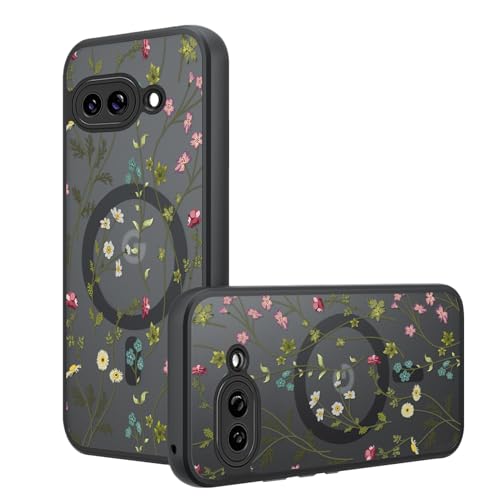 Magnetic Case for Google Pixel 9A [Compatible with MagSafe] Cute Black Flower Floral Pattern Case for Women Girls Soft TPU Bumper Hard PC Back Anti-Fall Shockproof Protective Slim Cover -A8 - color: Flower Branch 1, size: Google Pixel 9A