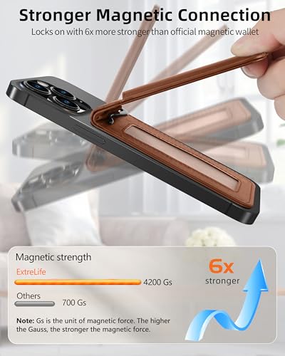 ExtreLife for Magsafe Wallet with Money Clip, Strongest Magnetic Wallet for iPhone 17/16/15/14/13/12 Series, Adjustable Stand, ID Window, 5 Card Holder, RFID Blocking, Not for 13/12 Mini, Brown - color: Brown