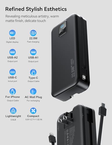 Portable Charger 20000mAh 22.5W w/Built-in Cable & Wall Plug Black - color: Ebony