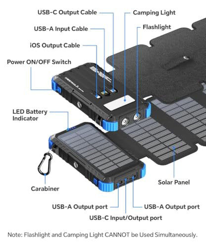 Solar Power Bank 20000mAh with 4 Panels and Build-in 3 Cables