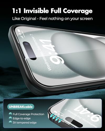 UNBREAKcable 3-Pack Screen Protector for iPhone 15 Plus,Tempered Glass | Shatterproof Glass,One Pull Perfection,Auto Dust Elimination,99.99% HD Clear,Bubble Free,Full Coverage for Apple 6.7 Inch - size: iPhone 15 Plus