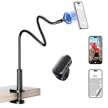 Magnetic Phone Holder for Bed Laying Down with Remote Page Turner, Bedside Gooseneck Phone Stand with Clicker for Reading, Flexible Mount with Wireless Scrolling Ring for iPhone/Tiktok/Short Video