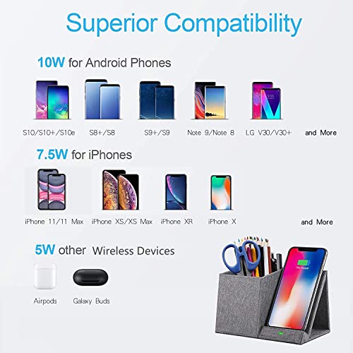 COSOOS Fast Wireless Charger with Desk Organizer, Desk Phone Charger Compatible with 12/12 Pro/12 Pro Max/12 Mini/SE /11/11 Pro Max/XS, Galaxy S20/S20+/S10/Note 10/Note 9/(No AC Adapter) - color: Grey