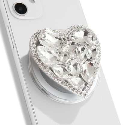 OnTheGrip Compatible with Magsafe Cute Cubic Diamond Heart Shape Design Collapsible Mobile Phone Grip Stand Holder for Smartphone Tablet Cell Phone Accessory (Silver Big)