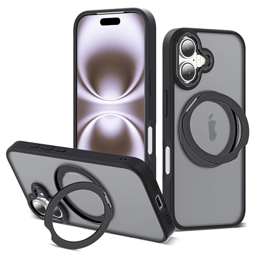 for iPhone 16 Case with 360° Spin Magnetic Stand,Black | iPhone 16 Phone Case 6.1",Spin Magnetic Ring Stand,Compatible with MagSafe,Military Protection,Translucent Matte - color: Black, size: iPhone 16