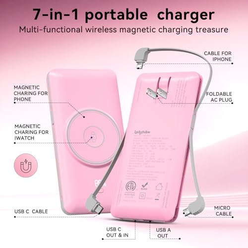 Magnetic 10000mAh Portable Charger for iWatch & iPhone, PD Fast Charging Wireless Power Bank Built-in Cables and Wall Plug, External Travel Battery Pack Compatible with iOS Android Phones - color: Sakura Pink