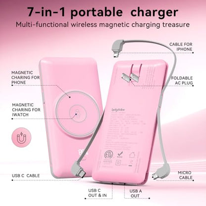 Magnetic 10000mAh Portable Charger for iWatch & iPhone, PD Fast Charging Wireless Power Bank Built-in Cables and Wall Plug, External Travel Battery Pack Compatible with iOS Android Phones - color: Sakura Pink