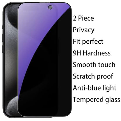 2 Pack Anti-Blue Privacy Tempered Glass for iPhone 15 Pro Anti-Spy Screen Protector Anti-Peeping Film Anti-scratch Full Covered 6.1 inch (Blue) - size: For iPhone 15 Pro