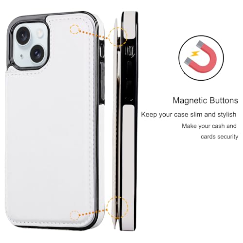 Wallet Case Compatible with iPhone 15,Slim Protective case with Card Holder,Premium PU Leather Kickstand Card Slots Case with 1 Screen Protective Glass for iPhone 15 (6.1")-White - color: White