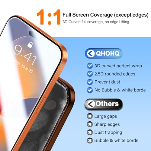 QHOHQ [1-Second Auto-Install] 3 Pack Screen Protector for iPhone 17 Pro Max [6.9 Inch] + 1 Set Camera Lens Protector, 9H+ Shatterproof Tempered Glass, [12FT Military Grade Protection], Case Friendly - size: iPhone 17 Pro Max 6.9 Inch