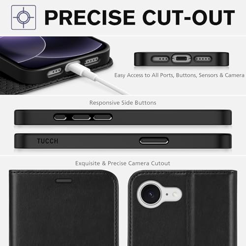 TUCCH Wallet Case for iPhone 17e/iPhone 16e (6.1"), 4 Card Holders, Black | RFID Blocking, Viewing Stand, Shockproof TPU Shell, PU Leather, Magnetic Closure, Protective Folio Flip Cover - color: Black