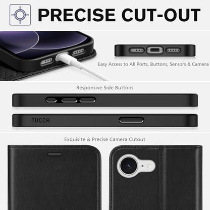 TUCCH Wallet Case for iPhone 17e/iPhone 16e (6.1"), 4 Card Holders, Black | RFID Blocking, Viewing Stand, Shockproof TPU Shell, PU Leather, Magnetic Closure, Protective Folio Flip Cover - color: Black