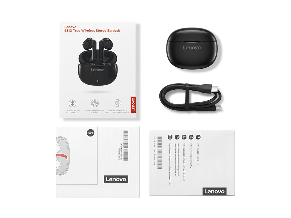 Lenovo E310 True Wireless Earbuds, Bluetooth 5.3 TWS Headphones with 13mm Drivers, AI Noise Reduction Mic, Up to 20H Battery with Case, USB-C Charging, IPX4 Water Resistant, Touch Control, Black - color: Black