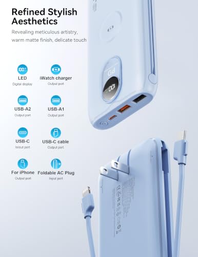 Portable Charger 10000mAh 20W, Wall Plug, 2 Cables, iWatch Charging - color: Mist Blue