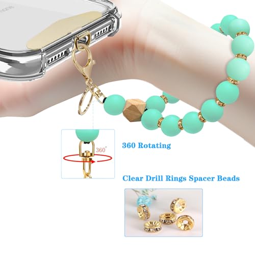 Silicone Beaded Phone Wrist Strap, Phone Bracelet Strap with Tether Tab Elastic Hands Free Wristlet Strap - color: Light Green