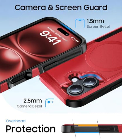 Magnetic for iPhone 17 Case Rugged Dual-Layer Shockproof Red | Military-Grade Heavy Duty Protection, Fit for Magsafe, Matte Finish Scratch Resistant Anti-Fingerprint, Anti-Slip Phone Cover - color: Red