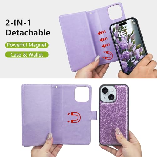 Varikke for iPhone 14 Plus Wallet Case Detachable with Card Holder for Women, Fashion Glitter Leather Strap Strong Magnetic Flip Wallet Removable Phone Case Cover for iPhone 14 Plus 6.7", Light Purple | Strong Magnetic Detachable, with 9-Card Holder Slots