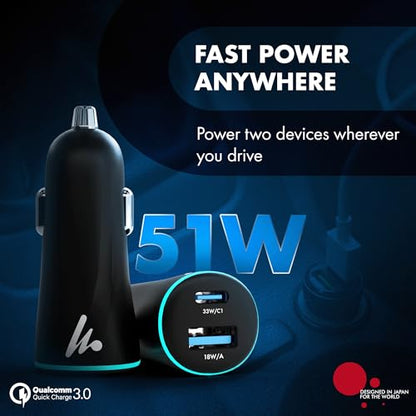 PD 51W Superfast Charging Wozoyo Car Charger, with Type C and USB A, Power Delivery, PPS & QC 3.0, Dual Port (33W + 18W), 12V–24V Compatible, Multi-Layer Protection, 2-Years Manufacturer Warranty