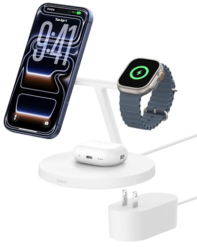 Belkin Qi2 15W Wireless Charging Station, 3 in 1 iPhone Charger - color: White, style: Matte Finish