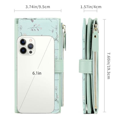 GAEKEAO Womens Wallet RFID Blocking Trifold Large Capacity Ladies Vegan Leather Wallet Floral Multi Card Holder Organizer - color: Y04-Green