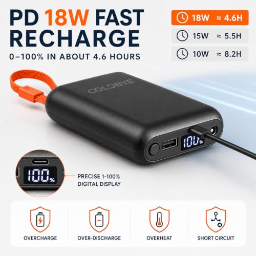 ColdBye 𝟐𝟎𝟎𝟎𝟎𝐦𝐀𝐡 Upgraded Rechargeable Power Bank with Built-in USB-C Cable for Heated Vests, Jackets, LED Strip, Breast Pump, Heated Camping Chair