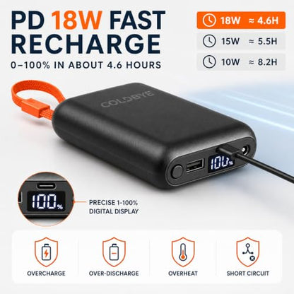 ColdBye 𝟐𝟎𝟎𝟎𝟎𝐦𝐀𝐡 Upgraded Rechargeable Power Bank with Built-in USB-C Cable for Heated Vests, Jackets, LED Strip, Breast Pump, Heated Camping Chair
