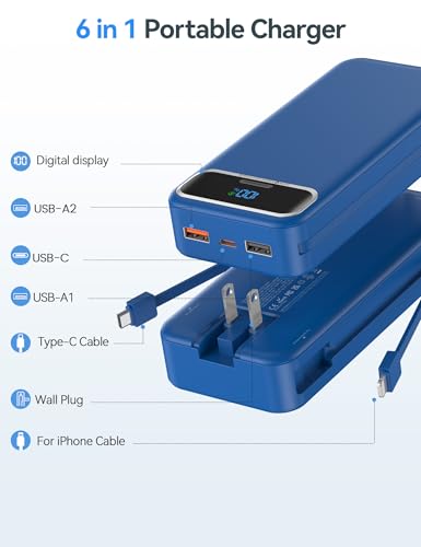 aonidi Portable Charger 20000mAh with Built-in Cables&AC Wall Plug, Navy - color: Steel Blue