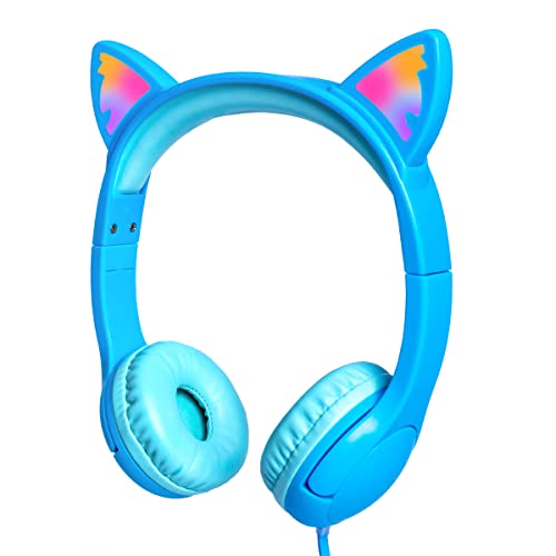 Olyre Kids Wired Headphones LED Light-Up Cat Ears Headset, Dual Audio Jack - color: Blue