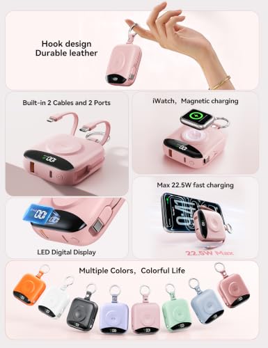 Portable Charger 10000mAh 22.5W Power Bank Built-in 2 Cables Keychain | Charge 5 Devices, TSA approved, Travel Fast Charging Battery Pack for iPhone Samsung Google Android & iWatch Charger, Pink - color: Pink