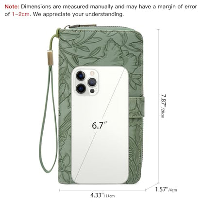 SENDEFN Women's Credit Card Holder RFID Blocking Zip Around Leather Wallet Large Capacity Long Purse with Wristlet - color: Green