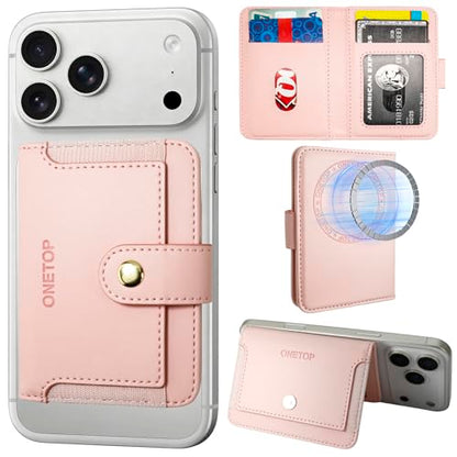 ONETOP for MagSafe Wallet,Magnetic Phone Wallet with 5 Card Slots,Pink | 1-12 Cards/Cash Holder for iPhone 17/16/15/14/13/12 Series,Detachable Wallet Stick-On Back,PU Leather RFID Blocking Kickstand - color: Pink