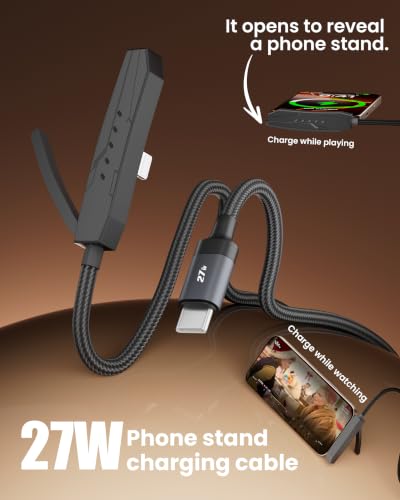 USB-C to Lightning Cable with Built-in Phone Stand - 2-in-1 Invisible Holder iPhone Charger Cord, MFi Certified 27W PD Fast Charging 90 Degree Sideways iPhone Charger for iPhone 14-5, iPad, Gaming
