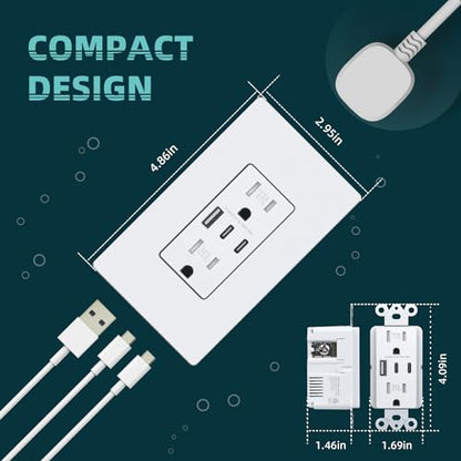 TOPELER 6.0A USB C Wall Outlet, 15A TR Receptacle with USB-C/A Port, 4 Pack - color: White, size: 15A