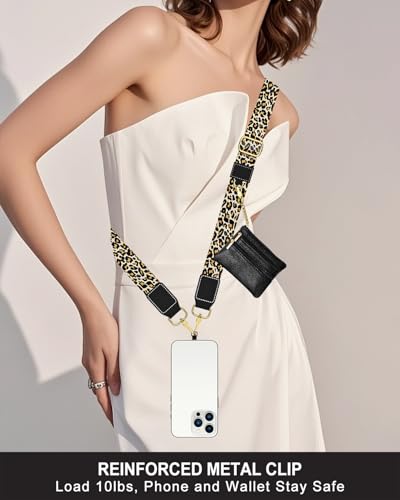 Nipichsha Crossbody Phone Strap with Wallet, Clip and Go Strap for Phone - color: Black Leopard