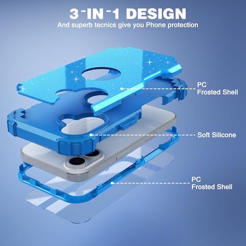 IDweel for iPhone 16 Case with Screen Protector for Women,Luxury 3 in 1 Shockproof Slim Fit Hybrid Heavy Duty Hard PC Cover Soft Silicone Bumper Full Body Anti-Fingerprint Case,Glitter Sky Blue - color: Glitter Sky Blue