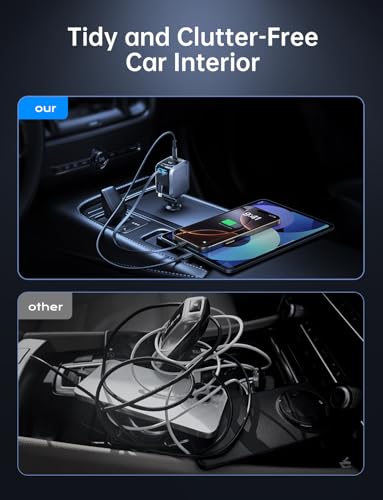 EWITGO Retractable Car Charger, Car Accessories, 72W Fast Charging USB C Car Charger with 4FT Retractable Cables and 2 Ports, for iPhone 16 15 14 13 12, Samsung etc Warm Grey