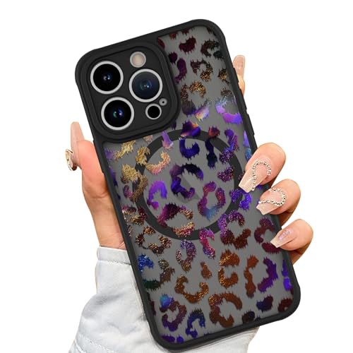 AIGOMARA Magnetic Case for iPhone 15 Pro, Purple Gold Leopard Pattern | [Compatible with MagSafe] Soft TPU Bumper Hard PC Back Anti-Fall Shockproof Protective Slim Coverfor Women Girls Men - color: Gold Purple Leopard, size: for iPhone 15 Pro