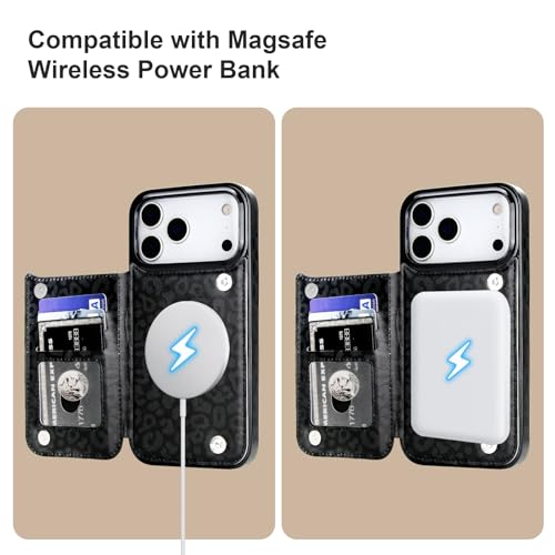 HAOPINSH Wallet Case for iPhone 17 Pro Max,Compatible with MagSafe Wireless Charging, Black Leopard Cheetah Pattern Back Flip Folio Leather Kickstand Card Slots Case Double Magnetic Clasp Cover 6.9" - color: Black Leopard for MagSafe