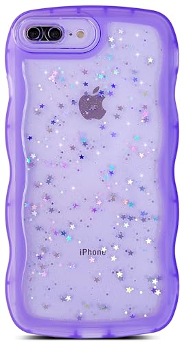 Qokey for iPhone 7 Plus & 8 Plus Case, Curly Wave Design Transparent Bling Glitter Star Shiny, Cute Clear Full Protection Soft TPU Shockproof Phone Cover for Women Girls, Purple - color: Purple, size: for iPhone 7Plus/8Plus