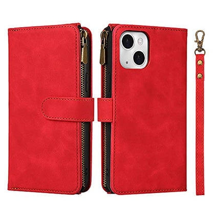 iCoverCase Compatible with iPhone 13 Wallet Phone Case with Card Holder, PU Leather Zipper Pocket Magnetic Detachable Flip Case with Wrist Strap (Red) - color: Detachable--Red